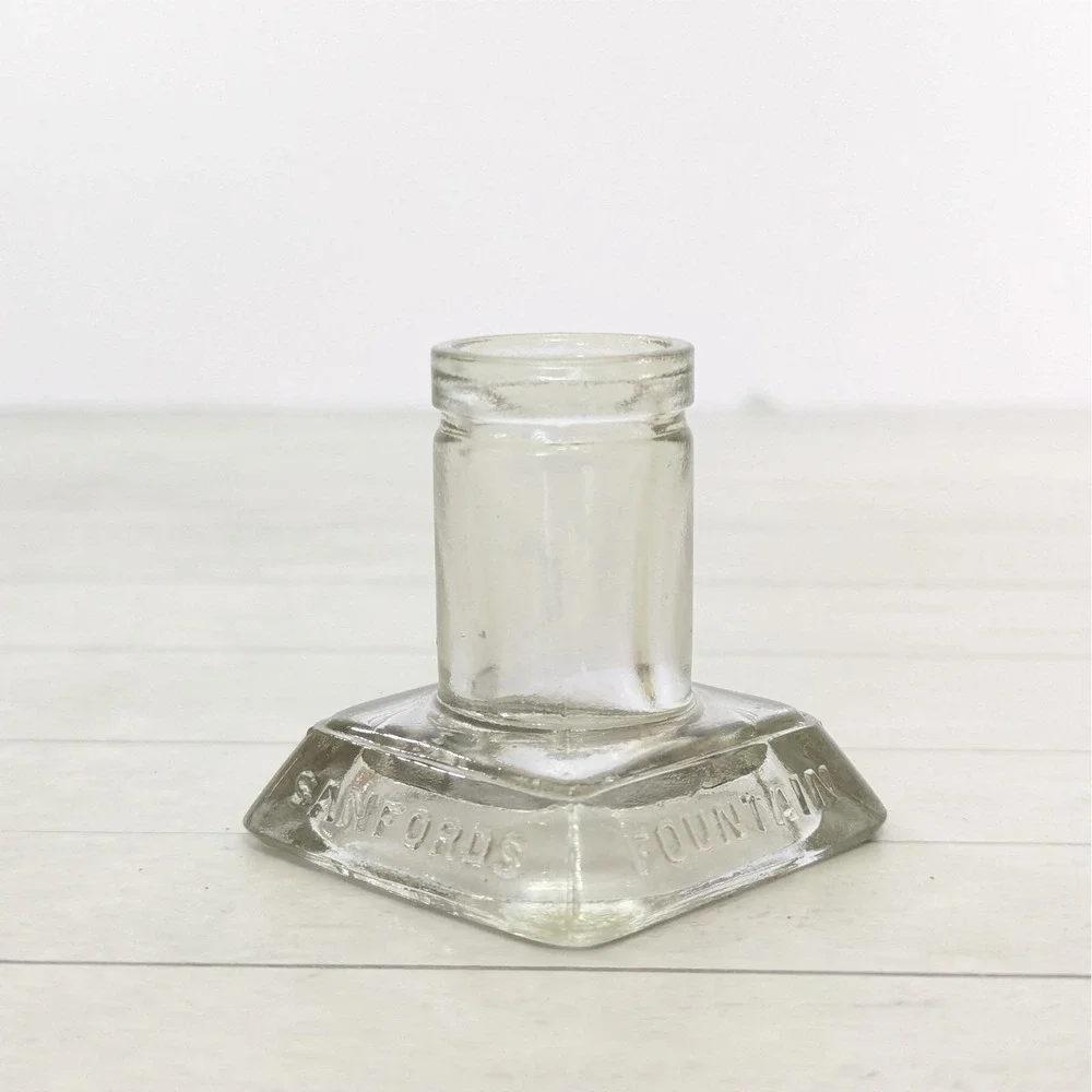 Antique Sanfords Fountain Pen Ink Embossed Glass Inkwell